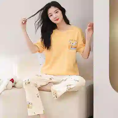 细舍 纯棉短袖长裤圆领套头可爱卡通家居服睡衣套装 女款 黄色