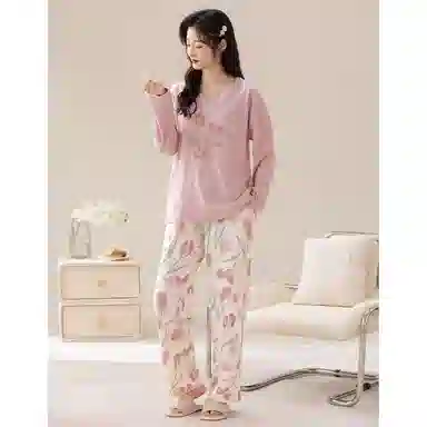 细舍 圆领休闲带胸垫长袖长裤睡衣套装 女款 粉色