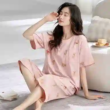 细舍 薄款休闲舒适短袖七分裤家居服睡衣套装 女款 粉红色