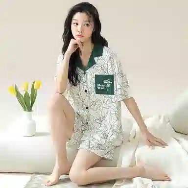 细舍 甜美舒适短袖上衣家居服三分裤睡衣套装 女款 白色