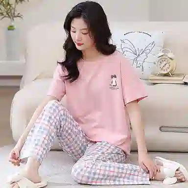 细舍 简约时尚短袖长裤可外穿休闲甜美睡衣套装 女款 粉红色