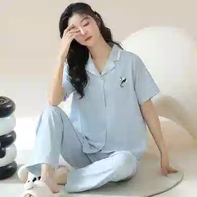 细舍 凉感舒适短袖上衣家居服长裤睡衣套装 女款 蓝色