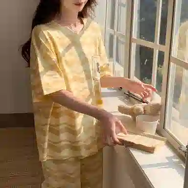 细舍 卡通可爱短袖简约薄款家居服睡衣套装 女款 黄色