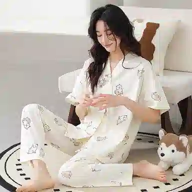 细舍 简约休闲短袖上衣家居服长裤睡衣套装 女款 浅黄色