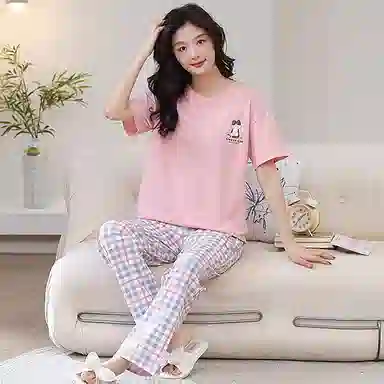 细舍 简约时尚短袖长裤可外穿休闲甜美睡衣套装 女款 粉红色