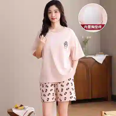 细舍 薄款纯棉短袖短裤免穿带胸垫卡通休闲睡衣套装 女款