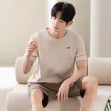 细舍 纯棉短袖简约透气家居服睡衣套装 男款 标准色