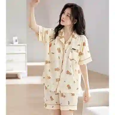 细舍 薄款甜美短袖开衫带胸垫睡衣套装 女款 浅卡其