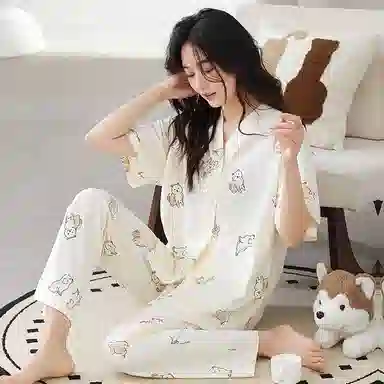 细舍 简约休闲短袖上衣家居服长裤睡衣套装 女款 浅黄色
