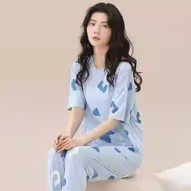 细舍 小清新休闲简约短袖长裤睡衣套装 女款 天蓝色