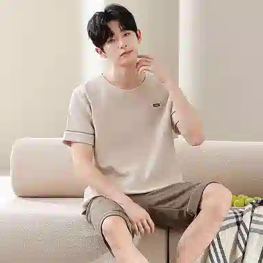 细舍 纯棉短袖简约透气家居服睡衣套装 男款 标准色