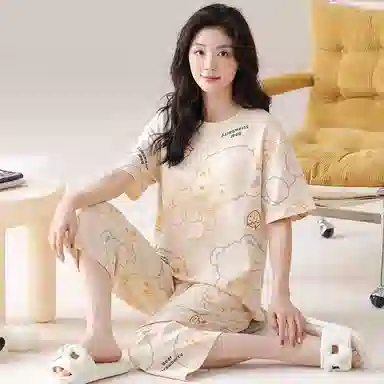 细舍 休闲短袖七分裤带胸垫卡通可爱家居服睡衣套装 女款 杏色
