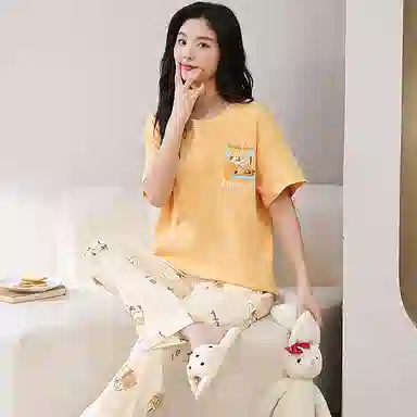 细舍 纯棉短袖长裤圆领套头可爱卡通家居服睡衣套装 女款 黄色