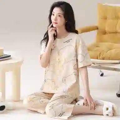 细舍 休闲短袖七分裤带胸垫卡通可爱家居服睡衣套装 女款 杏色
