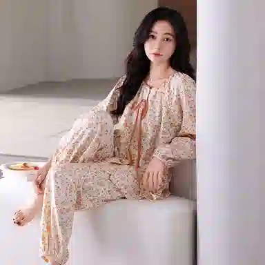 细舍 亲肤休闲舒适长袖长裤睡衣套装 女款 粉红色