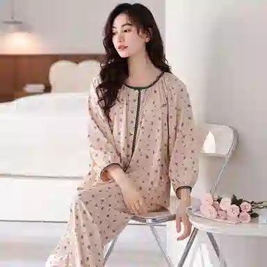 细舍 休闲舒适亲肤长袖长裤睡衣套装 女款 粉红色