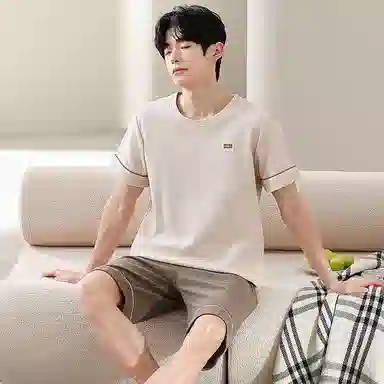 细舍 纯棉短袖简约透气家居服睡衣套装 男款 标准色