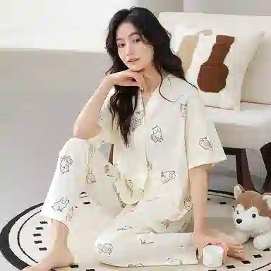 细舍 简约休闲短袖上衣家居服长裤睡衣套装 女款 浅黄色