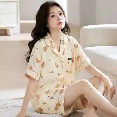 细舍 薄款甜美短袖开衫带胸垫睡衣套装 女款 浅卡其