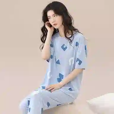 细舍 小清新休闲简约短袖长裤睡衣套装 女款 天蓝色