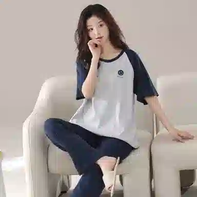 细舍 简约时尚短袖长裤家居服可外穿睡衣套装 女款 浅灰拼藏青