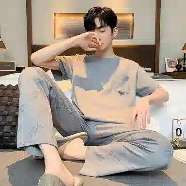 细舍 薄款休闲舒适简约短袖长裤睡衣套装 男款 灰色