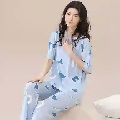 细舍 小清新休闲简约短袖长裤睡衣套装 女款 天蓝色