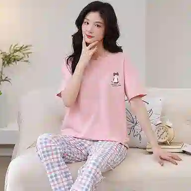 细舍 简约时尚短袖长裤可外穿休闲甜美睡衣套装 女款 粉红色