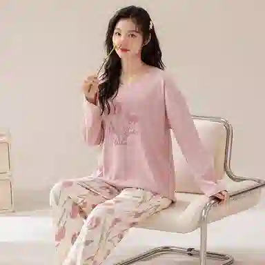细舍 圆领休闲带胸垫长袖长裤睡衣套装 女款 粉色