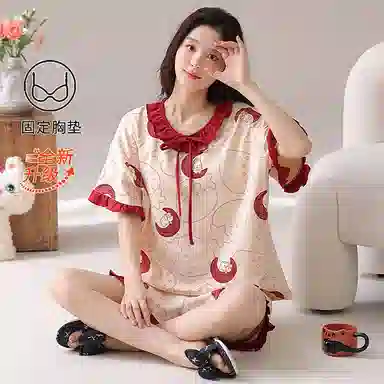 细舍 纯棉圆领短袖甜美可爱带胸垫防走光家居服睡衣套装 女款 酒红色