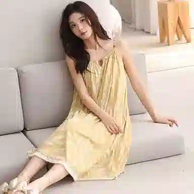 细舍 吊带一体带胸垫中长款甜美性感无袖睡裙 女款 小麦色