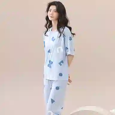 细舍 小清新休闲简约短袖长裤睡衣套装 女款 天蓝色