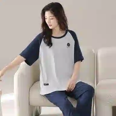 细舍 简约时尚短袖长裤家居服可外穿睡衣套装 女款 浅灰拼藏青