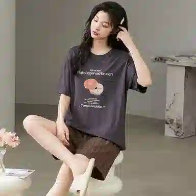 细舍 短袖短裤时尚简约家居服薄款可外穿睡衣套装 女款