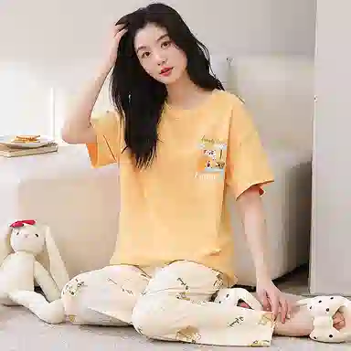 细舍 纯棉短袖长裤圆领套头可爱卡通家居服睡衣套装 女款 黄色