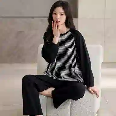 细舍 长袖条纹简约休闲可外穿家居服睡衣套装 女款 黑色