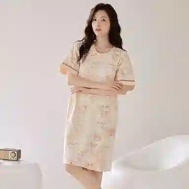 细舍 纯棉短袖套头中长裙过膝休闲可外穿睡裙 女款 杏色