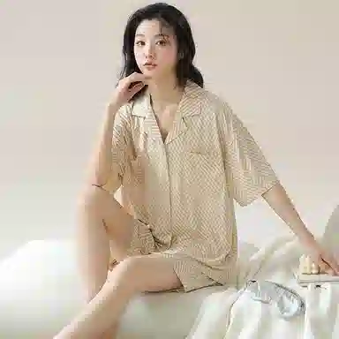 细舍 翻领薄款短袖休闲舒适睡衣套装 女款 黄色