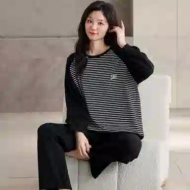 细舍 长袖条纹简约休闲可外穿家居服睡衣套装 女款 黑色