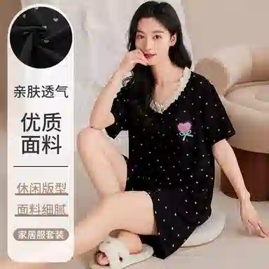 细舍 开衫短袖甜美休闲两件套家居服三分裤夏季睡衣套装 女款