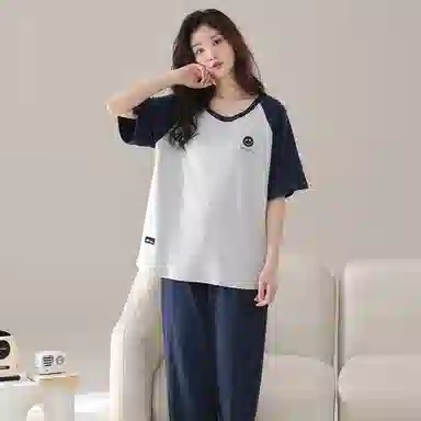 细舍 简约时尚短袖长裤家居服可外穿睡衣套装 女款 浅灰拼藏青