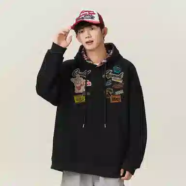 阿凡迪 美式高街趣味涂鸦仿贴布卡通印花设计字母品牌上衣潮流时尚经典百搭休闲宽松舒适个性学生情侣通勤户外落肩连帽格子卫衣 男女同款