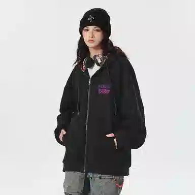 阿凡迪 美式高街卡通小猫字母格子连帽无性别主义休闲舒适运动长袖开衫落肩卫衣 男女同款
