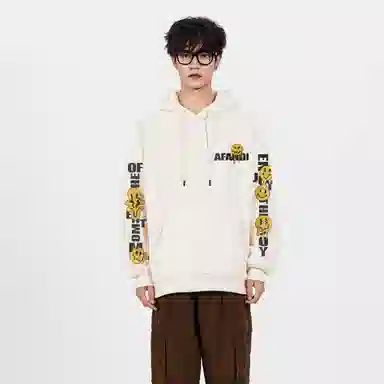 阿凡迪 美式高街趣味搞怪笑脸图案字母印花简约连帽时尚运动休闲日常无性别主义个性潮牌经典百搭学生党松弛感落肩舒适长袖卫衣 男女同款