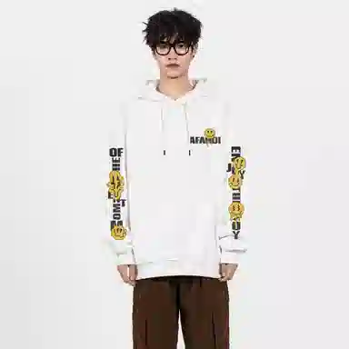 阿凡迪 美式高街趣味搞怪笑脸图案字母印花简约连帽时尚运动休闲日常无性别主义个性潮牌经典百搭学生党松弛感落肩舒适长袖卫衣 男女同款