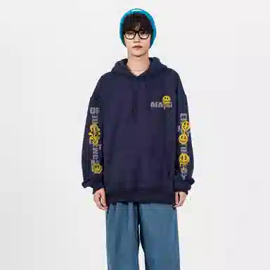 阿凡迪 美式高街趣味搞怪笑脸图案字母印花简约连帽时尚运动休闲日常无性别主义个性潮牌经典百搭学生党松弛感落肩舒适长袖卫衣 男女同款