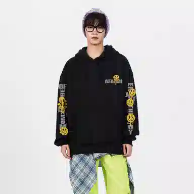 阿凡迪 美式高街趣味搞怪笑脸图案字母印花简约连帽时尚运动休闲日常无性别主义个性潮牌经典百搭学生党松弛感落肩舒适长袖卫衣 男女同款