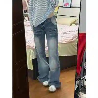 邓大喵 加长版美式复古低腰微喇女秋季水洗宽松阔腿拖地裤子潮牛仔裤 女款