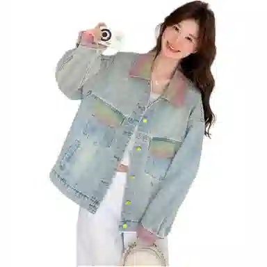 邓大喵 渐变色做旧女春季小个子设计感宽松炸街夹克上衣牛仔外套 女款