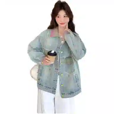 邓大喵 渐变色做旧女春季小个子设计感宽松炸街夹克上衣牛仔外套 女款